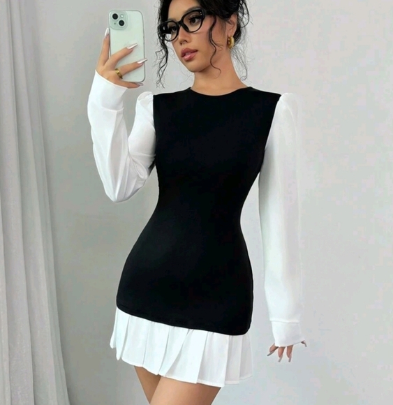 Autumn Winter Fitted Short Round Neck Pleated Dress - Picture 1 of 4